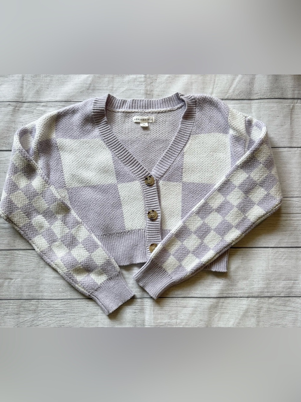 Aéropostale XS Lavender Cream Buffalo Plaid Cropped Cardigan Sweater Soft Knit